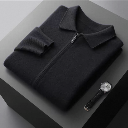 EXTRA-FINE MERINO WOOL ZIP POLO CARDIGAN
