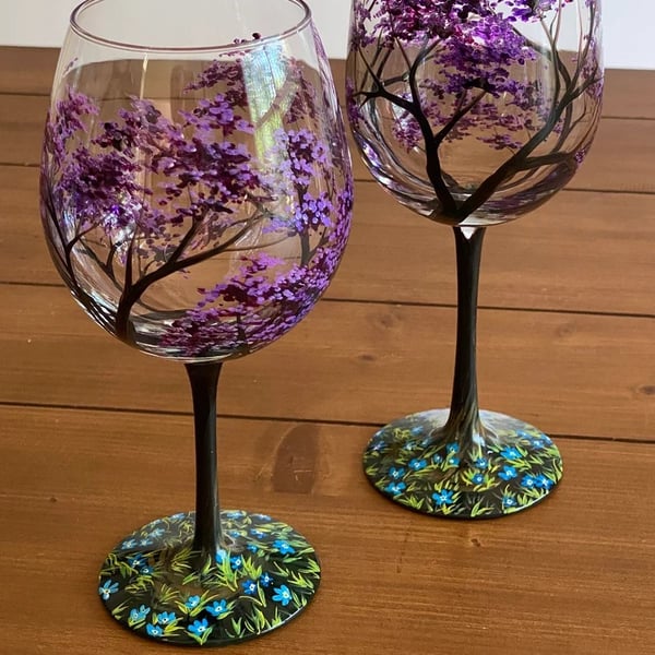 Four Seasons Tree Wine Glasses - Hand Painted Art